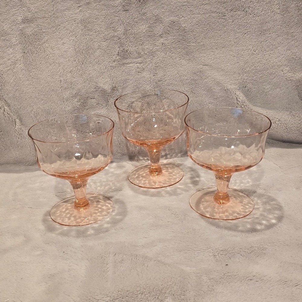 Vintage Pink Depression Glass Optic Thumbprint Champagne Coupe Dessert Set of 3